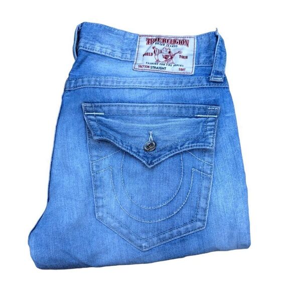 TRUE Religion Jeans Size 34 STRAIGHT White Stitch Blue - Picture 7 of 10